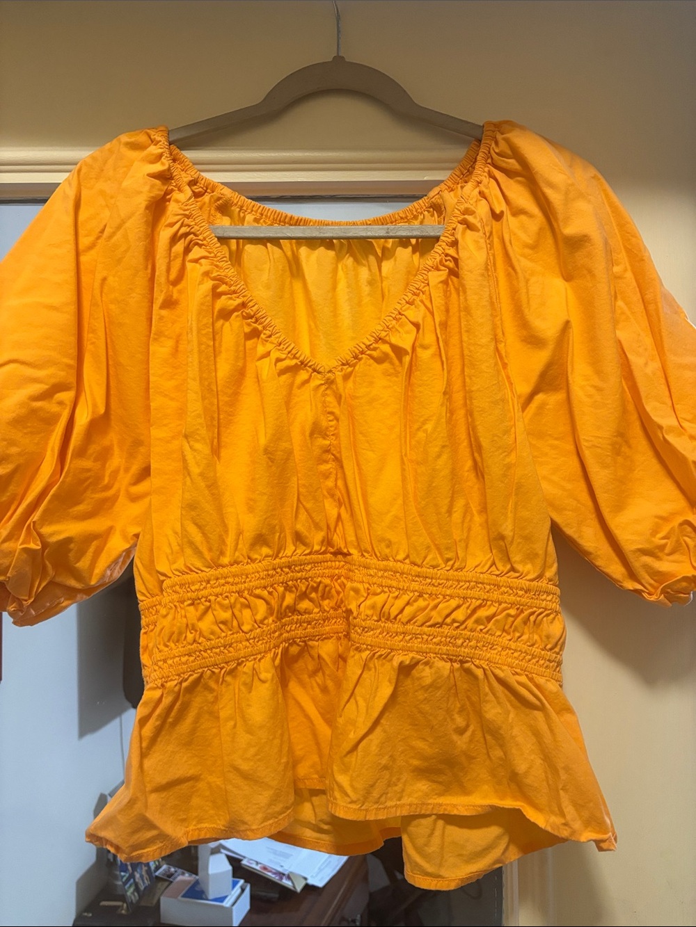 LOFT Orange Puff-Sleeve Peplum Blouse